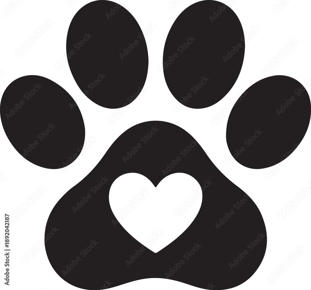 Fototapeta premium Pet Paw Print with Heart Silhouette,Animal Love Paw Icon