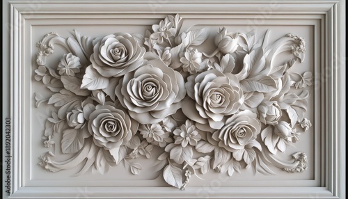 Intricate floral bas-relief sculpture framed within a decorative border.