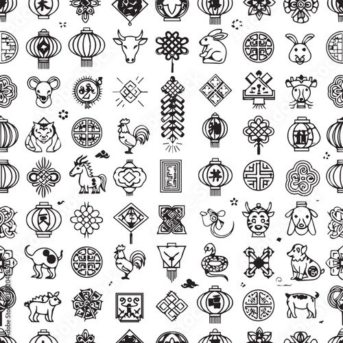Intricate black and white seamless pattern of circular emblems and symbols for decorative design.