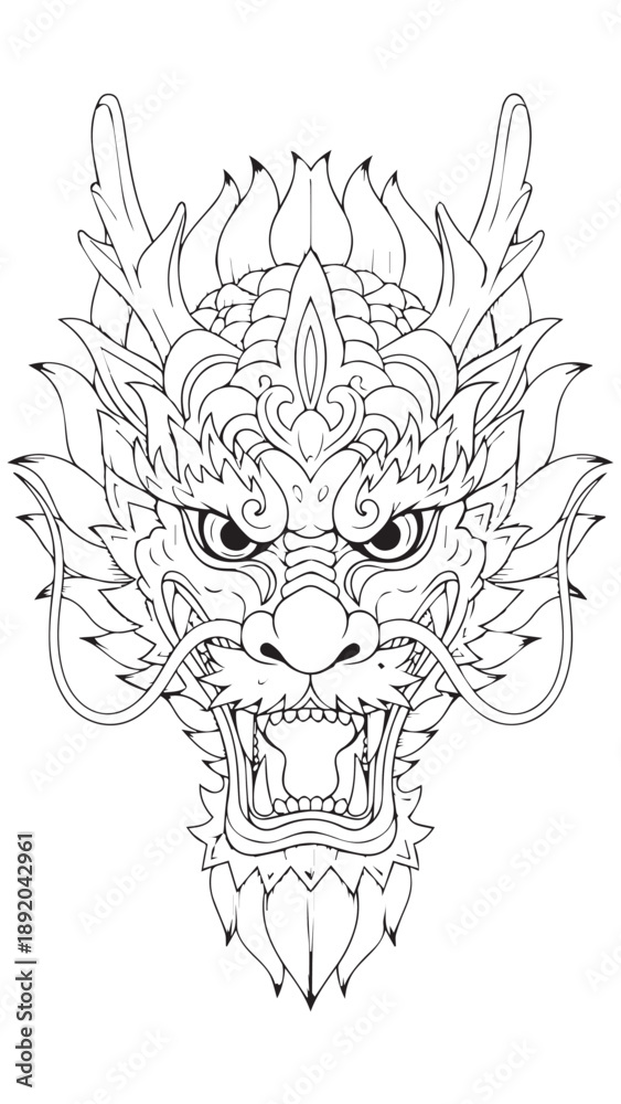 Fototapeta premium Intricate line drawing of a ferocious dragon head with ornate scales and fierce expression.