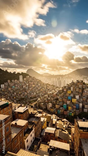 Wallpaper Mural Expansive cityscape with colorful hillside homes under a dramatic, sunlit cloudy sky Torontodigital.ca