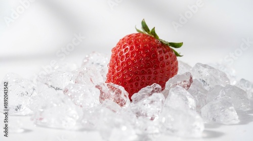 Fresh red strawberry nestled in a bed of clear ice cubes on a pristine white background.