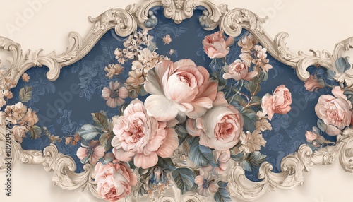 Ornate baroque molding frames a lush arrangement of pastel pink roses against a deep blue damask background