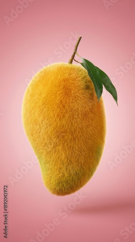 Vibrant Yellow Mango with Green Leaf Floating Against a Soft Pink Background.