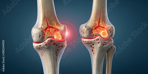3d medical knee comparison of healthy joint anatomy with bones versus inflamed painful condition. Red glowing area indicates arthritis or injury for orthopedic healthcare education materials.