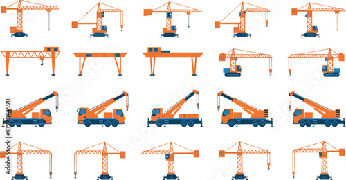 Industrial construction crane vector set featuring tower cranes, mobile truck cranes, and gantry cranes for heavy lifting, building projects, and engineering logistics.
