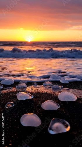 Wallpaper Mural Glowing ice chunks on a dark volcanic beach reflecting a vibrant ocean sunset with crashing waves Torontodigital.ca