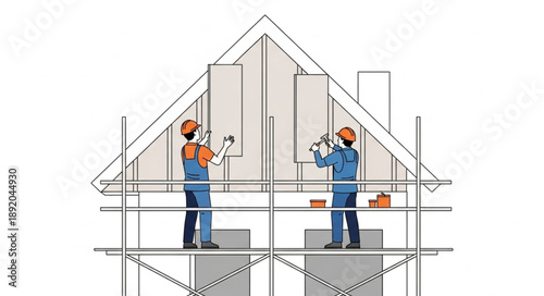 Construction workers building a house exterior on scaffolding.