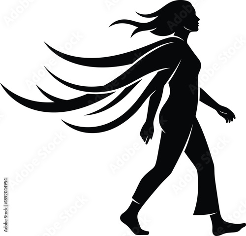 Silhouette of a woman walking with wind-swept hair, representing freedom and forward movement in a minimalist design