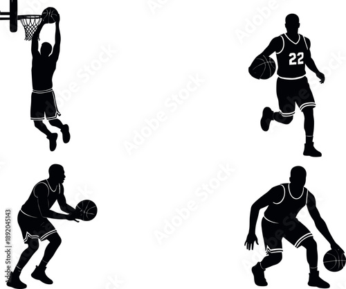 Set of professional basketball player silhouettes showing athletes dribbling dunking and playing ball isolated on white background for sports competition and fitness design.