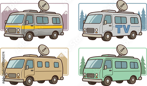 Broadcast news satellite vans parked with mounted dishes, TV reporting vehicles in varied colors, mobile media units, live transmission, journalism transport vector illustration