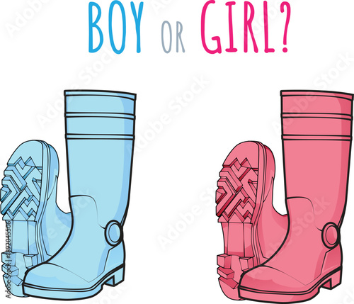 Gender reveal party announcement concept. Pair of cute pastel blue and pink wellington rubber boots with "Boy or Girl?" text. Baby shower invitation card design isolated on white background. Pregnancy