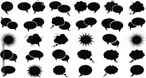 Comic speech bubbles vector set, black silhouette chat and thought balloons collection, dialogue clouds and explosion shapes for comics, messages, stickers, design