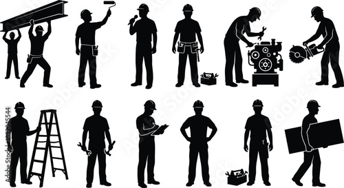 Construction worker silhouettes vector set with builders tools machinery and safety helmets, industrial labor people black icons collection