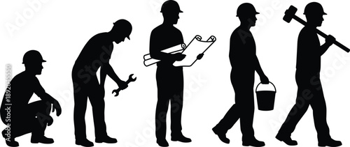 Construction workers silhouettes set, industrial labor and engineering roles, manual work poses, black and white human figures for design projects