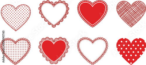 Decorative lace heart frames and textured polka dot hearts vector set, vintage romantic Valentine heart clipart, red outline patterns for craft