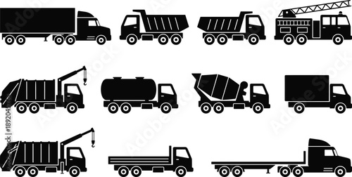 Industrial truck silhouettes set including dump trucks, fire engine, tanker, concrete mixer and flatbed, heavy transport vehicles, black vector icons, logistics illustration