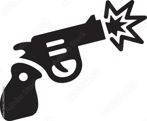 Vector illustration of a dangerous black revolver handgun with bullet holes and scattered bullets isolated on white for crime and security concepts