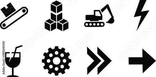 Minimal black icon set featuring construction, logistics, energy, navigation and settings symbols, bold solid pictograms for apps, UI design and industrial concepts