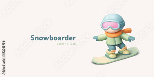 3D snowboarder. Extreme winter sport, favorite outdoor activity. Minimalistic character on a snowboard. Modern banner. Vector illustration.