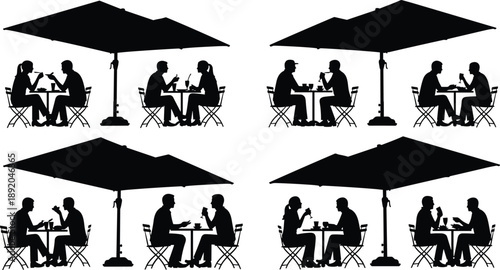Outdoor cafe couples sitting under large umbrellas, romantic dining silhouettes, casual bistro scene, conversational mood, black-and-white vector illustration, vintage cafe graphics