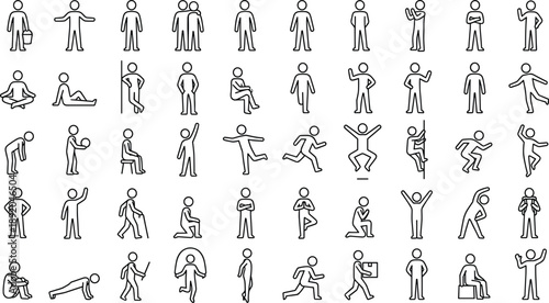 Stick figure people activities set, human pictogram poses collection, simple line icons showing actions, movements and daily activities for design use