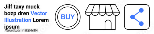 Online shopping, digital marketplaces, social media sharing, e-commerce, retail promotion, internet marketing. Circular buy button, storefront icon and share symbol. E-commerce and social media