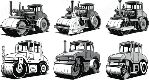 Vintage road roller construction vehicles set, steam and diesel compactor machines, heavy equipment illustrations, black and white industrial artwork