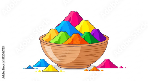 Colorful Holi powder in a wooden bowl vibrant pigments for festival celebration and cultural events isolated on white background