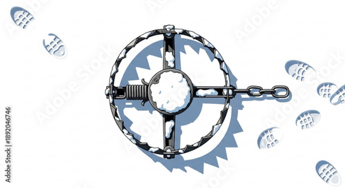 Metal bear trap with sharp teeth and chain on white background with scattered blueprints