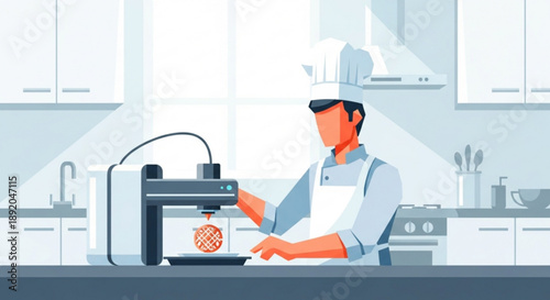 Chef uses 3d food printer to create pastry in modern kitchen with white appliances and utensils