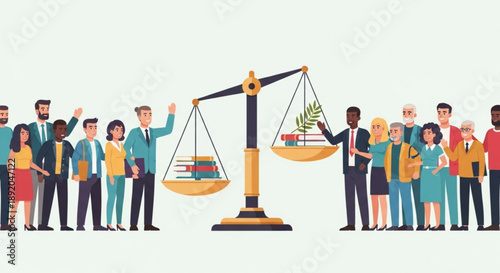 Diverse group of people witnessing a scale of justice balancing books and plants symbolizing education and growth concept for law and learning