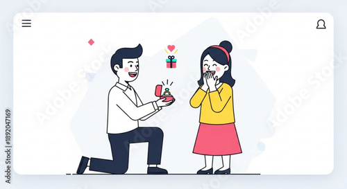 Man proposing marriage to surprised woman with engagement ring flat vector illustration for romantic concept wedding proposal or relationship theme