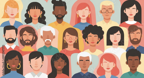 Diverse group of people portraits flat vector illustration representing community and unity ideal for social media and web design