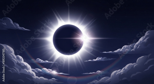 Solar eclipse with sun rays shining through clouds in dark sky
