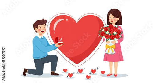 Man proposing with engagement ring in a box woman holding a bouquet of roses surrounded by hearts romantic proposal concept for Valentines Day or wedding