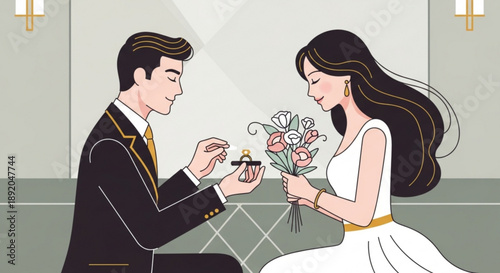 Man proposing marriage with a ring to a woman holding flowers romantic engagement scene in elegant attire illustration for wedding and love concepts