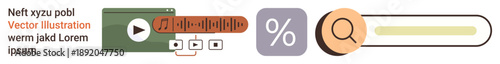 Digital media, analytics, user interface, content creation, data visualization, search tools. Video player, percentage icon and magnifying glass. Digital media and analytics concepts