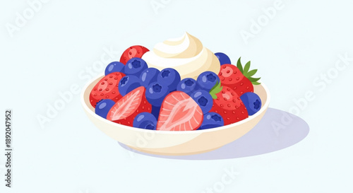 Fresh mixed berries with whipped cream in bowl on light background