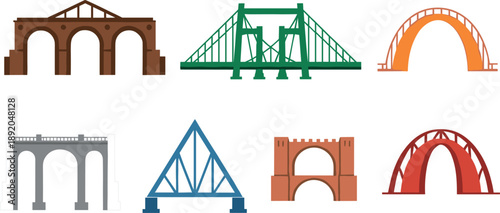 Set of architectural bridge icons featuring various designs like suspension truss arch and stone bridges for civil engineering urban planning travel and infrastructure concepts