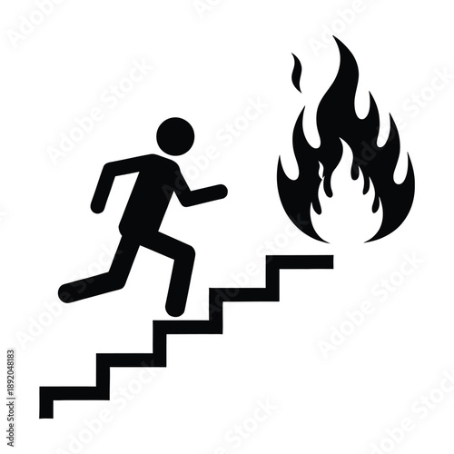A black silhouette of a person running up a staircase away from a fire, depicting an emergency exit or fire escape route.