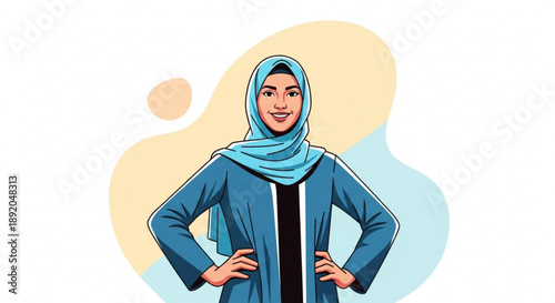 Confident Muslim woman wearing a blue hijab and abaya standing with hands on hips modern flat illustration for diversity and empowerment concepts