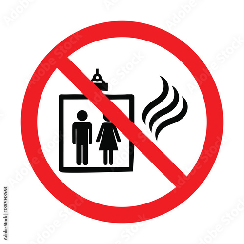 A clear warning sign depicting a red circle with a diagonal line prohibiting the use of an elevator during a fire emergency, showing an elevator icon with people and a smoke symbol.