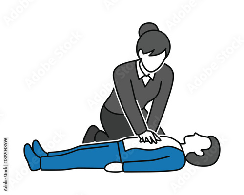 Woman performing CPR on a man lying on the ground, illustrating emergency first aid.