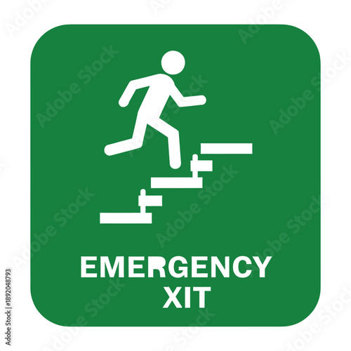 Green emergency exit sign with a white pictogram of a person running up stairs and 'EMERGENCY EXIT' text.