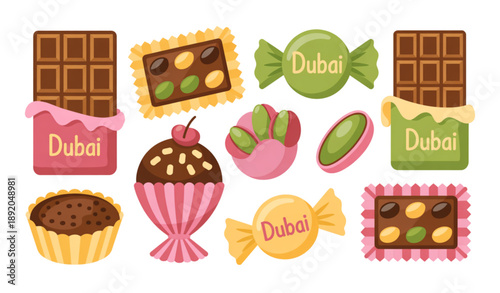 Cute flat cartoon Dubai sweets vector collection with pistachio chocolates and candy dessert elements