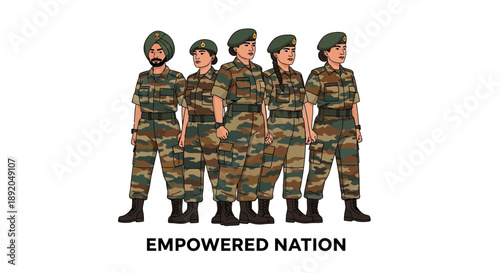 Illustration of Indian Army soldiers in camouflage uniforms standing together, representing the Armed forces on Republic Day with a bold graphic design.