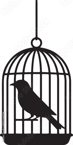 Bird in Cage Silhouette Icon,Caged Bird Freedom Concept Symbol