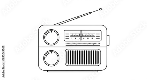 Vintage radio outline illustration retro audio device with antenna and tuning dial simple line art for music or communication concepts
