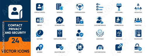Contact Privacy and Security Flat Icon Set. Containing contacts, fax, Communications, email, info and more. Solid editable vector icons collection.